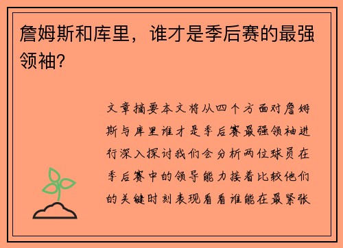 詹姆斯和库里，谁才是季后赛的最强领袖？