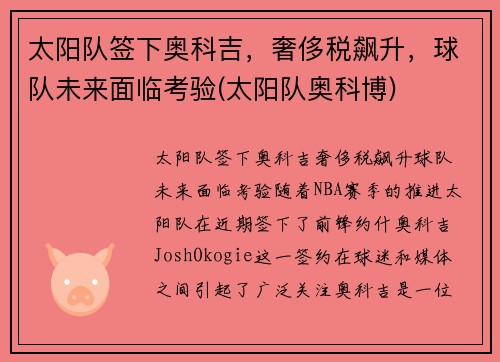 太阳队签下奥科吉，奢侈税飙升，球队未来面临考验(太阳队奥科博)