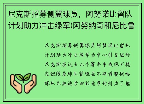 尼克斯招募侧翼球员，阿努诺比留队计划助力冲击绿军(阿努纳奇和尼比鲁)