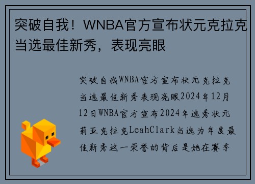 突破自我！WNBA官方宣布状元克拉克当选最佳新秀，表现亮眼