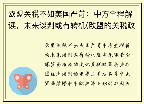 欧盟关税不如美国严苛：中方全程解读，未来谈判或有转机(欧盟的关税政策)