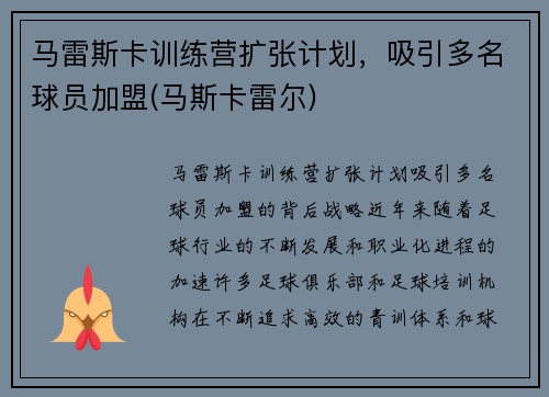 马雷斯卡训练营扩张计划，吸引多名球员加盟(马斯卡雷尔)