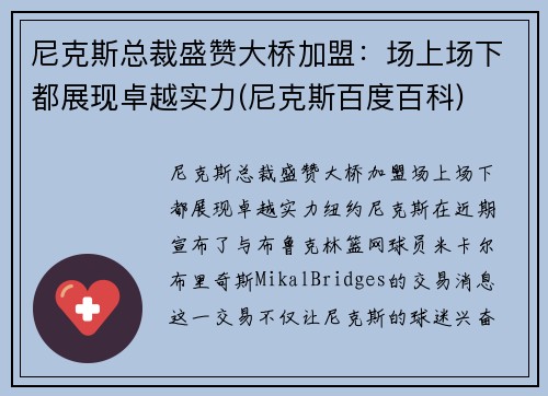 尼克斯总裁盛赞大桥加盟：场上场下都展现卓越实力(尼克斯百度百科)